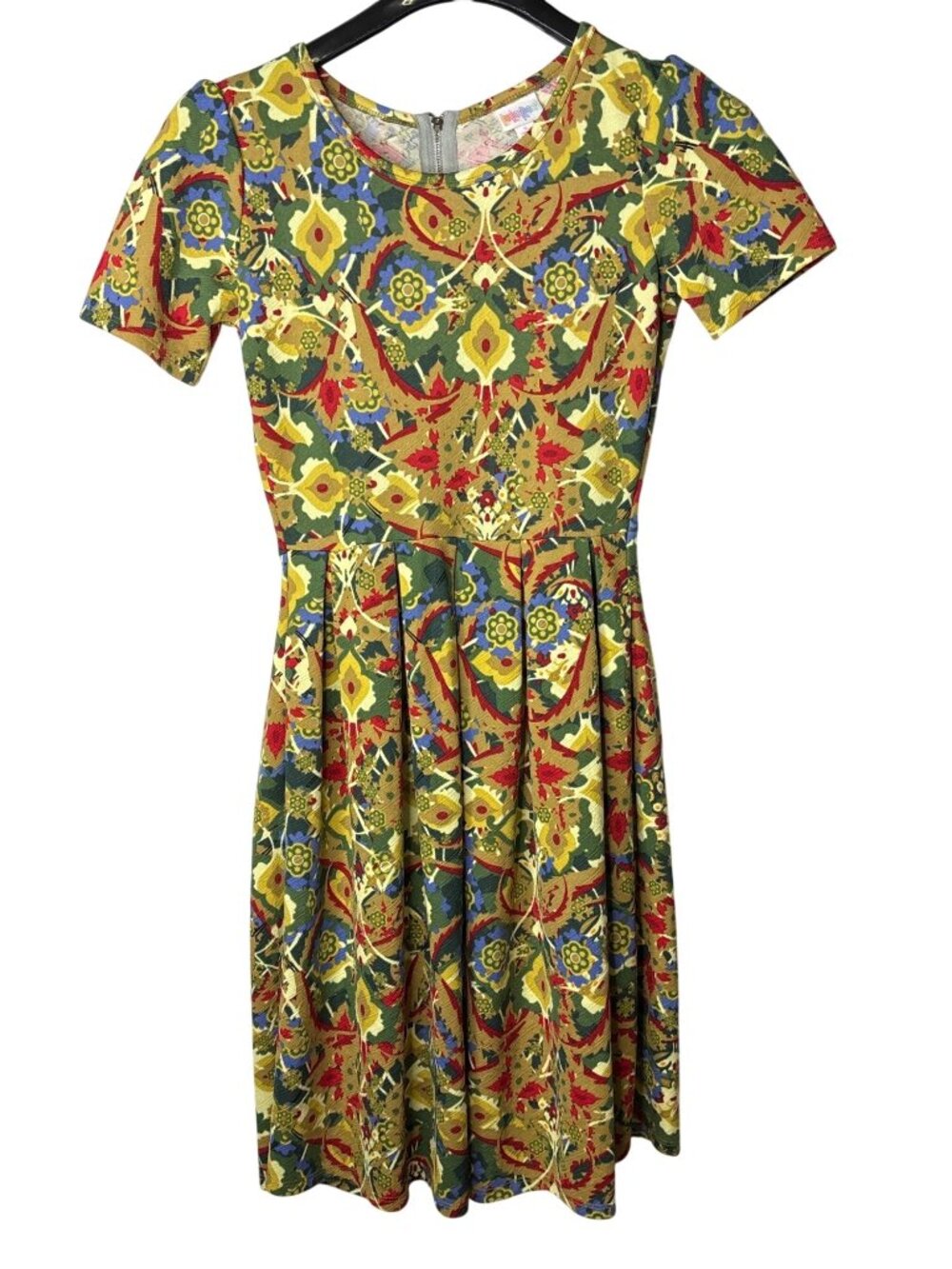 LuLaRoe Amelia Fit & Flare Midi Dress Size S Pleated Abstract Floral Multicolor